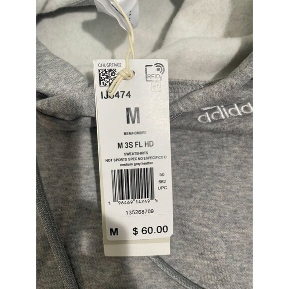 Adidas Gray Hooded Sweatshirt M Mens With White Stripes & Logo - Picture 15 of 16